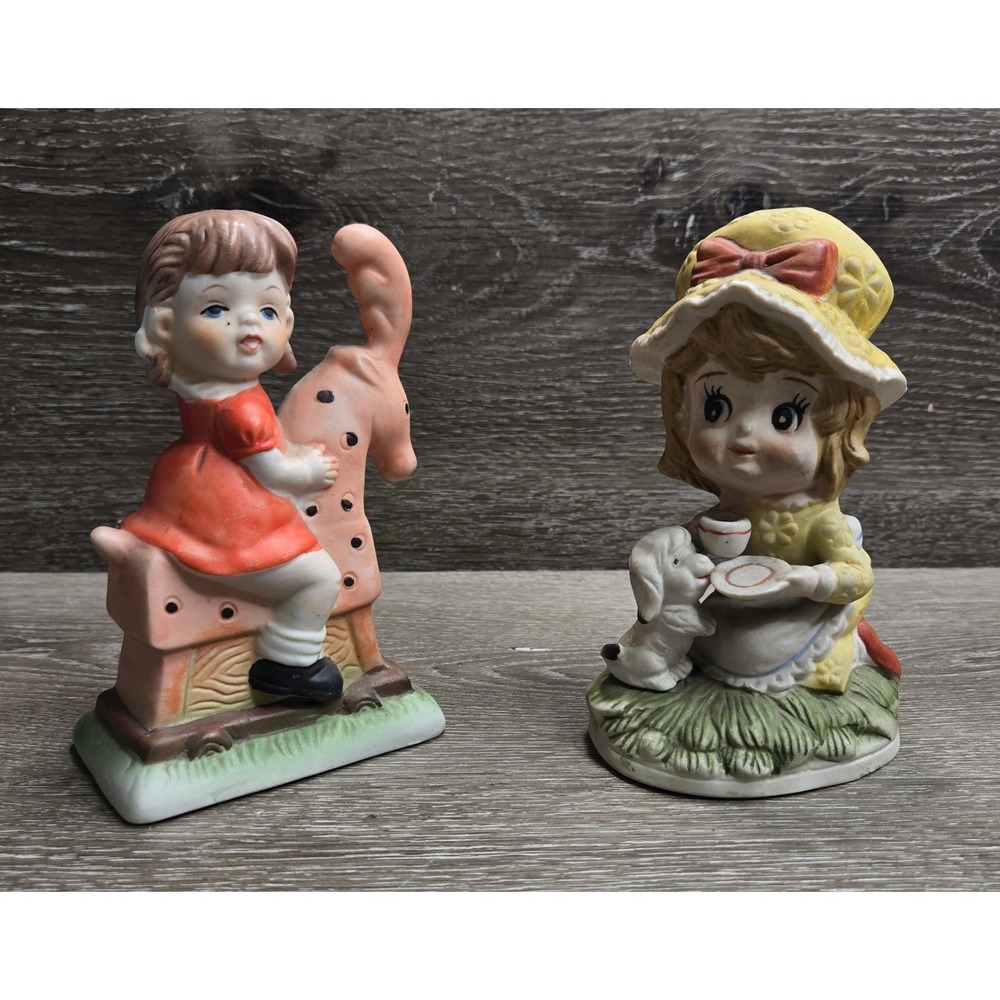 Vintage Girls Dog Horse Chair Tea Cup Bonnet Ceramic Figurines Decor Lot of 2